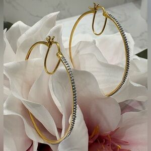 White diamond accent gold plated over sterling silver hoop earrings 1 3/4”